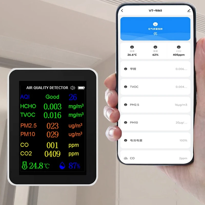 시간 및 날짜 표시 공기질 모니터, 와이파이 PM2.5 PM10 CO CO2 TVOC HCHO AQI 테스터, 12 in 1