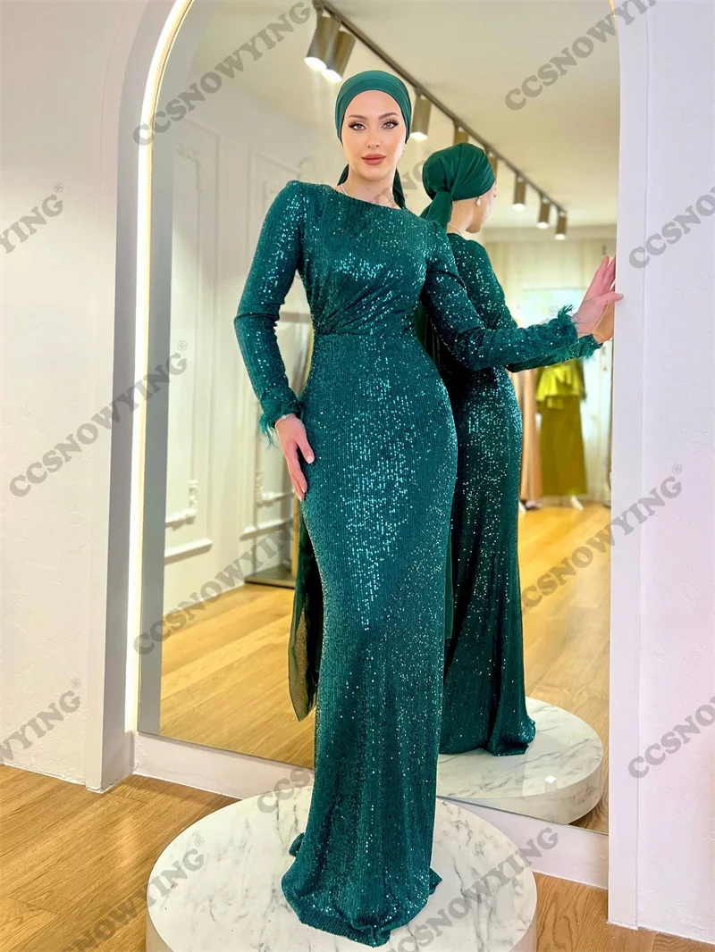 

Sexy Sparkly Sequin Muslim Evening Dresses Long Sleeve Islamic Formal Party Gowns Round Neck Women Hijab Arabic Robes De Soirée