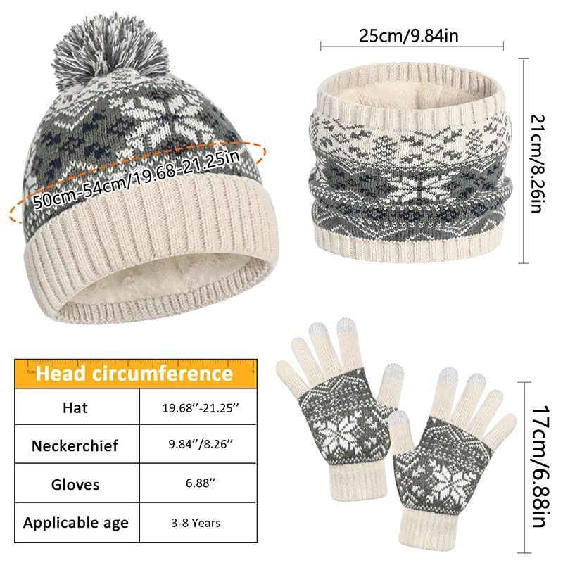Adorable Kids' Winter Set-Snowflake Knit Hat, Fleece Scarf & Warm Gloves, 3-Piece Set For Cozy Comfort In Cold Weather