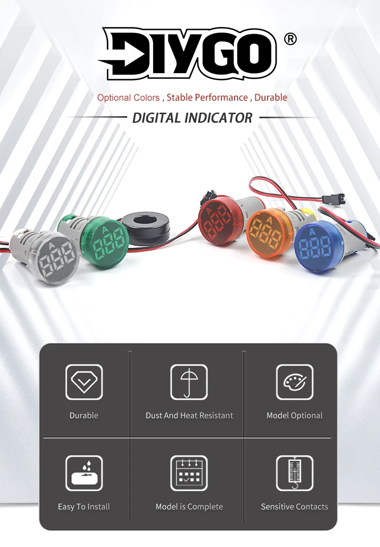 Description Picture 2 of item22mm Frosted Round Panel Digital Ammeter Amp Tester Meters LED Indicator Pilot Lamp Light Current Meter 0-100A AC 50-500V