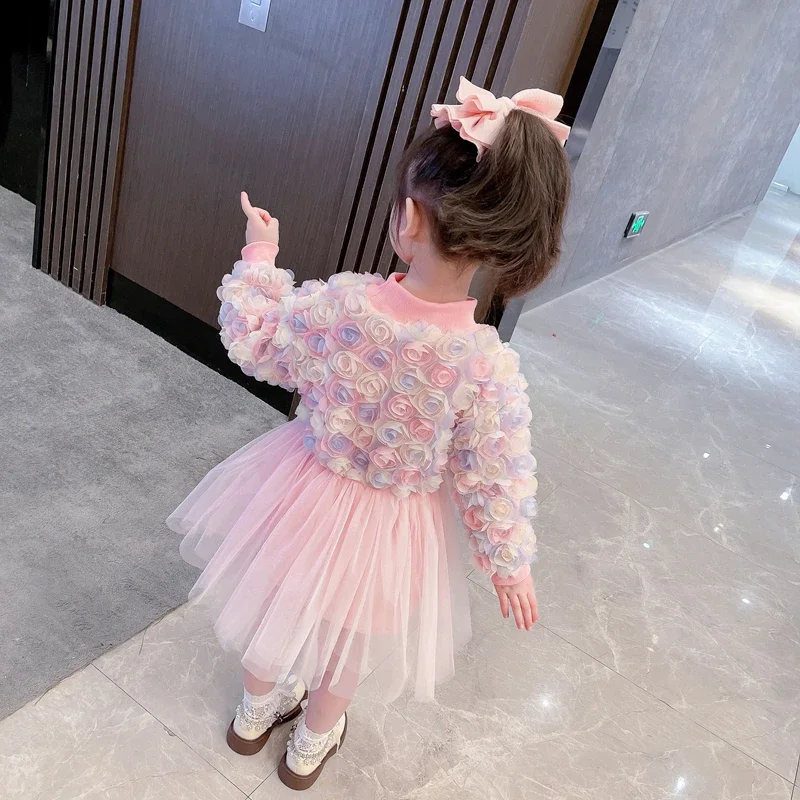 2023 Autumn Winter Baby Girls Dresses Birthday Party Floral Lace Princess Dress Children Casual Clothes 1-6 Years Kids Clothing