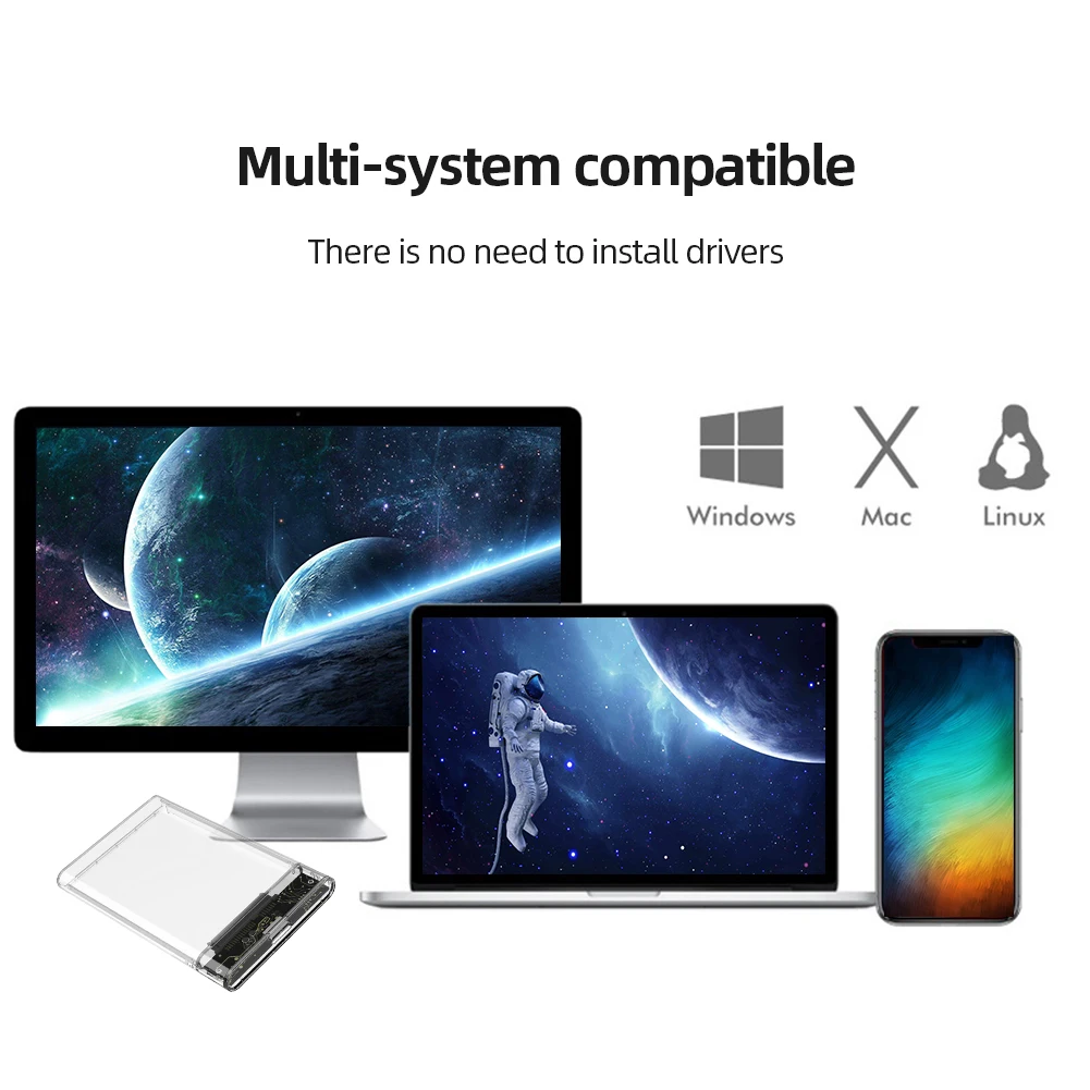 2.5 Inch HDD SSD Enclosure Transparent Mobile Hard Drive Case USB3.1 Type C External Hard Disk Drive Box SATA for Laptop Tablet