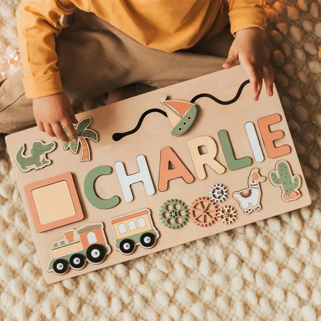 Wooden Name Puzzle Personalized Custom for Baby Game Board 3-D Jigsaw Puzzle Educational Shape Matching Developmental Toy