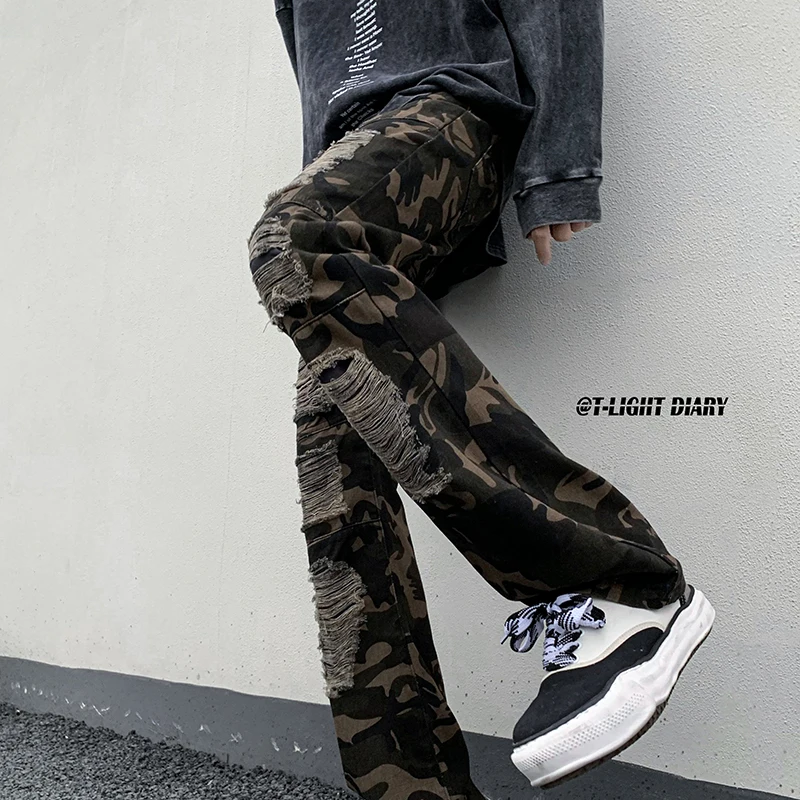 

Camouflage Jeans Men Army Green Pants Rippped Black White Ins Hiphop Style Plus Size