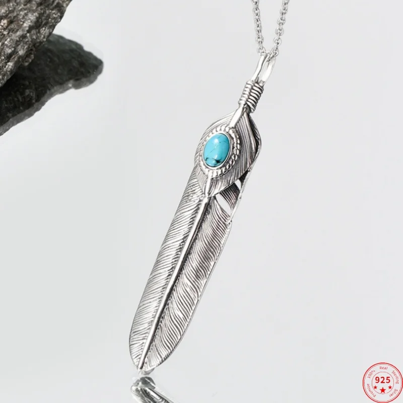 

S925 Sterling Silver Pendants for Women Men New Fashion Relief Feather Inlaid Turquoise Ancient Punk Jewelry Free Shipping