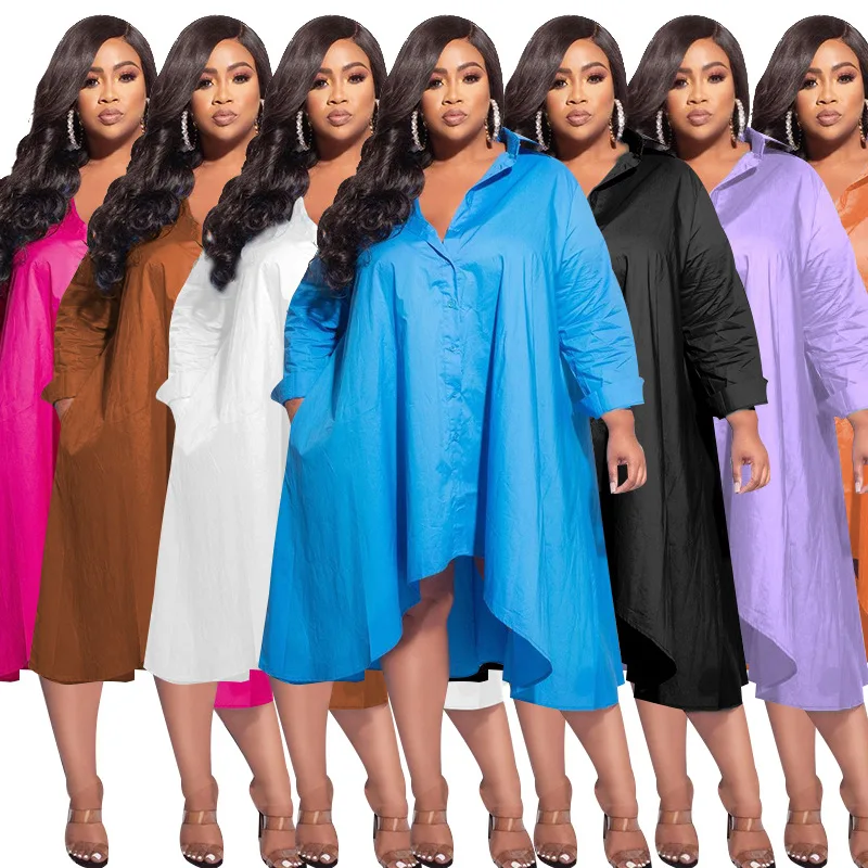 

Autumn Woman Solid Color Shirt Dress Lapel Long Sleeve Single-Breasted Midi Dress Female Ladies Spring One-Piece Clothing