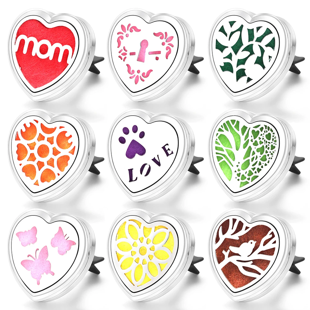 Heart Shape Car Aromatherapy Diffuser Pendant Car Vent Clips Tree of Life Stainless Steel Perfume Essential Oil Locket Jewelry