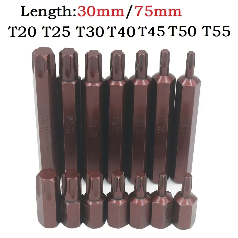 1pc 30/75mm Magnetische Torx-schraubendreher Bit Stahl 10mm Sechskantschaft Schraubendreher Für Schlagschrauber T20/T25/T30/T40/T45/T50/T55