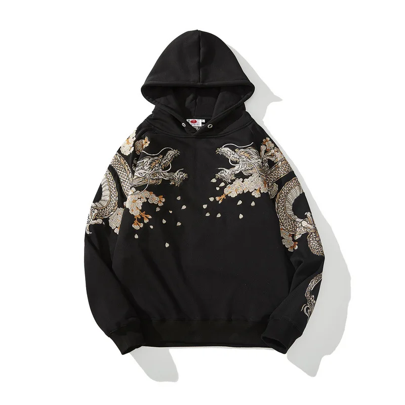 Fashion Hip Hop Hooded Hoodie Vintage Dragon Embroidered Sweater Y2K Harajuku Street Sweatshirt Men Causal Autumn Winter