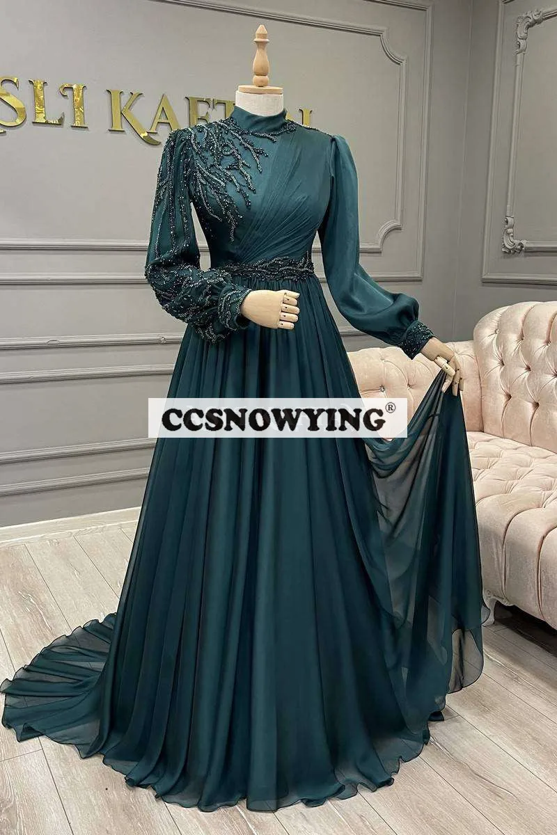 

Teal Green Chiffon Appliques Muslim Evening Dresses Long Sleeve Hijab Islamic Formal Party Gown Arabic Kaftan Robes De Soirée