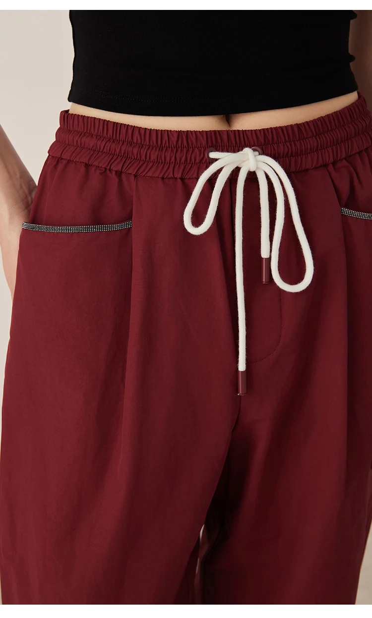 KX7523315 Damen-Hose aus Baumwollmischung mit weitem Bein und Kordelzug, elastischer Taille, Seitentaschen, Herbsthose – Detail 9