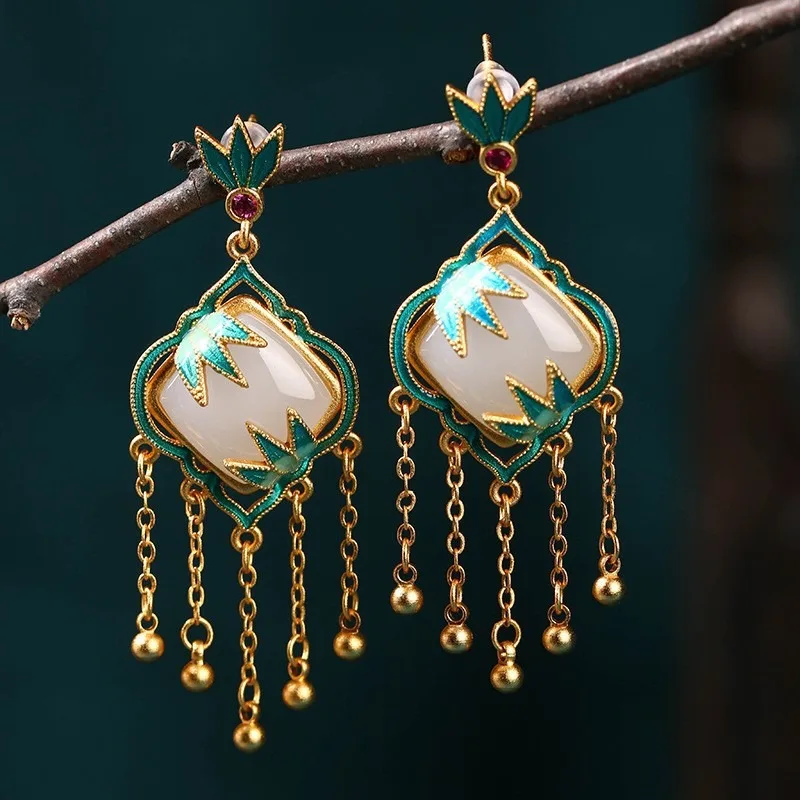Chinese Trend Gold-plated Imitation Jade Pendant Jewelry Women's Vintage Enamel Earrings Palace Ethnic Style Accessories