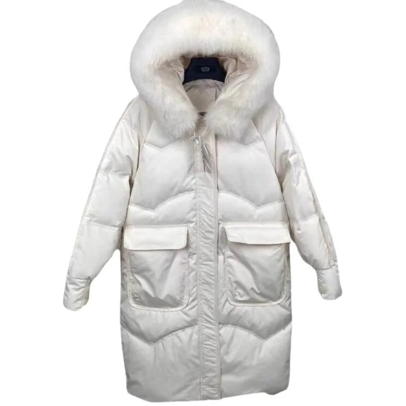 Down Jacket Women Long Knee Length Large Fox Collar Winter New Loose and Thick White Duck Down Hooded Jacket