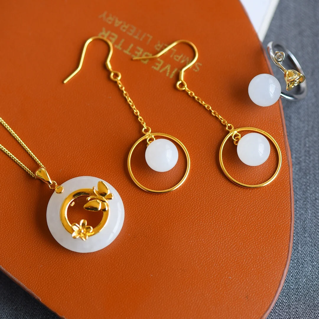 

Natural Hetian Jade Gemstone Set S925 Silver Gold Plated Accessories for Jewelry Setsjewelry Sets for Woman Luxury
