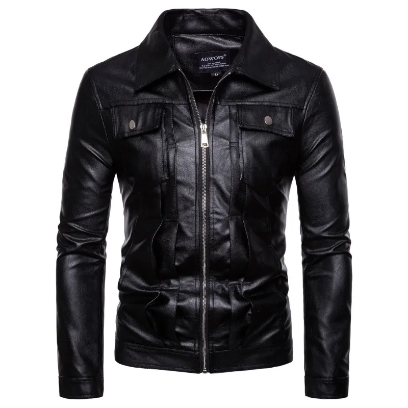 2023 Autumn Winter New Men Biker Leather Jacket Solid Color Polo Collar Pocket Stitching Men Leather Coat Casual Slim Outcoat