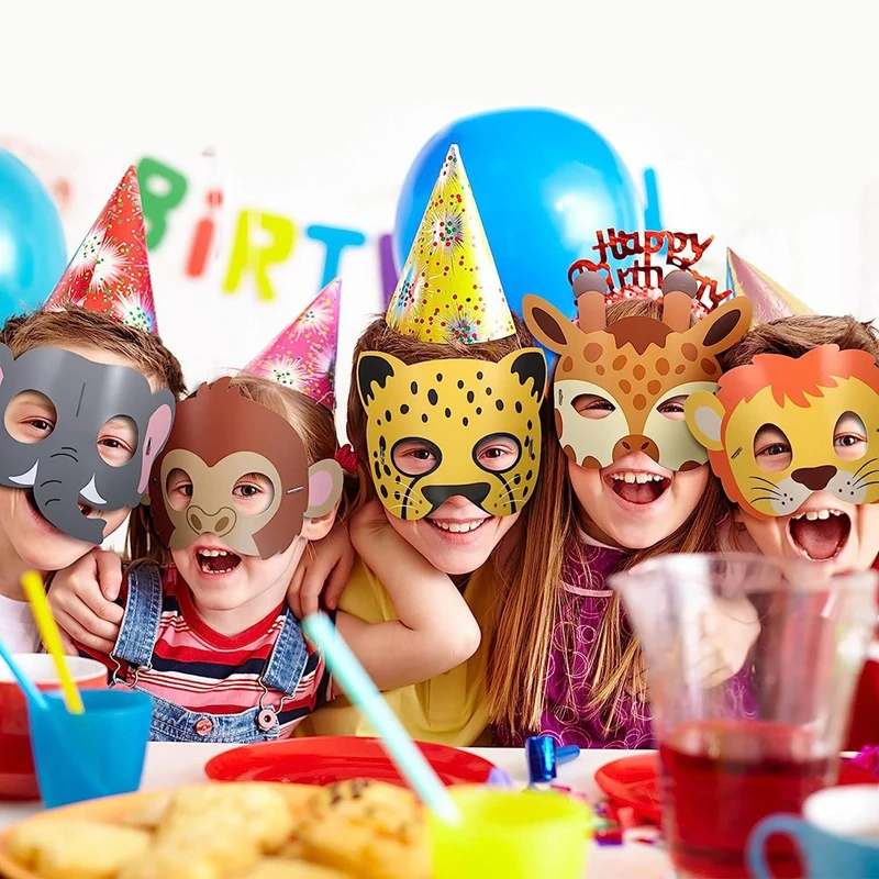 16pcs Jungle Animal Mask Birthday Party Decoration Kids Funny Paper Masks Photo Props Safari Theme Party Supplies Baby Shower