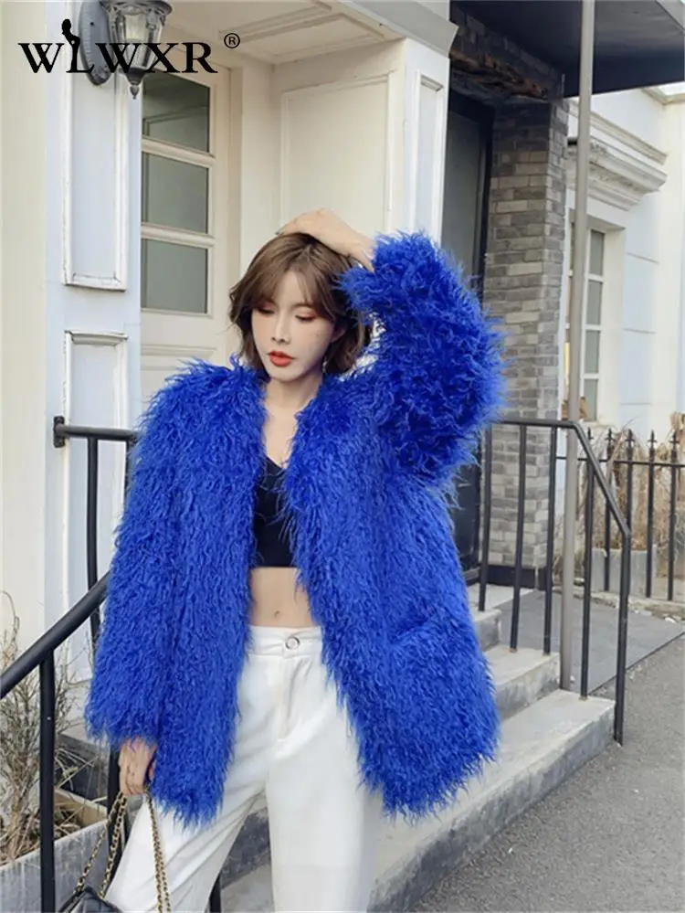 

WLWXR Solid Faux Fur Coats For Women 2023 Streetwear Long Sleeve V Neck Jackets Casual Loose pockets Coats New In Outerwears