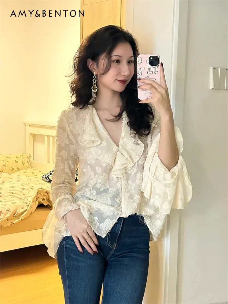 

Spring Autumn Elegant Blouse Tops Women's New Loose Laminated Decorative Temperament Commuter Long-Sleeved Shirt