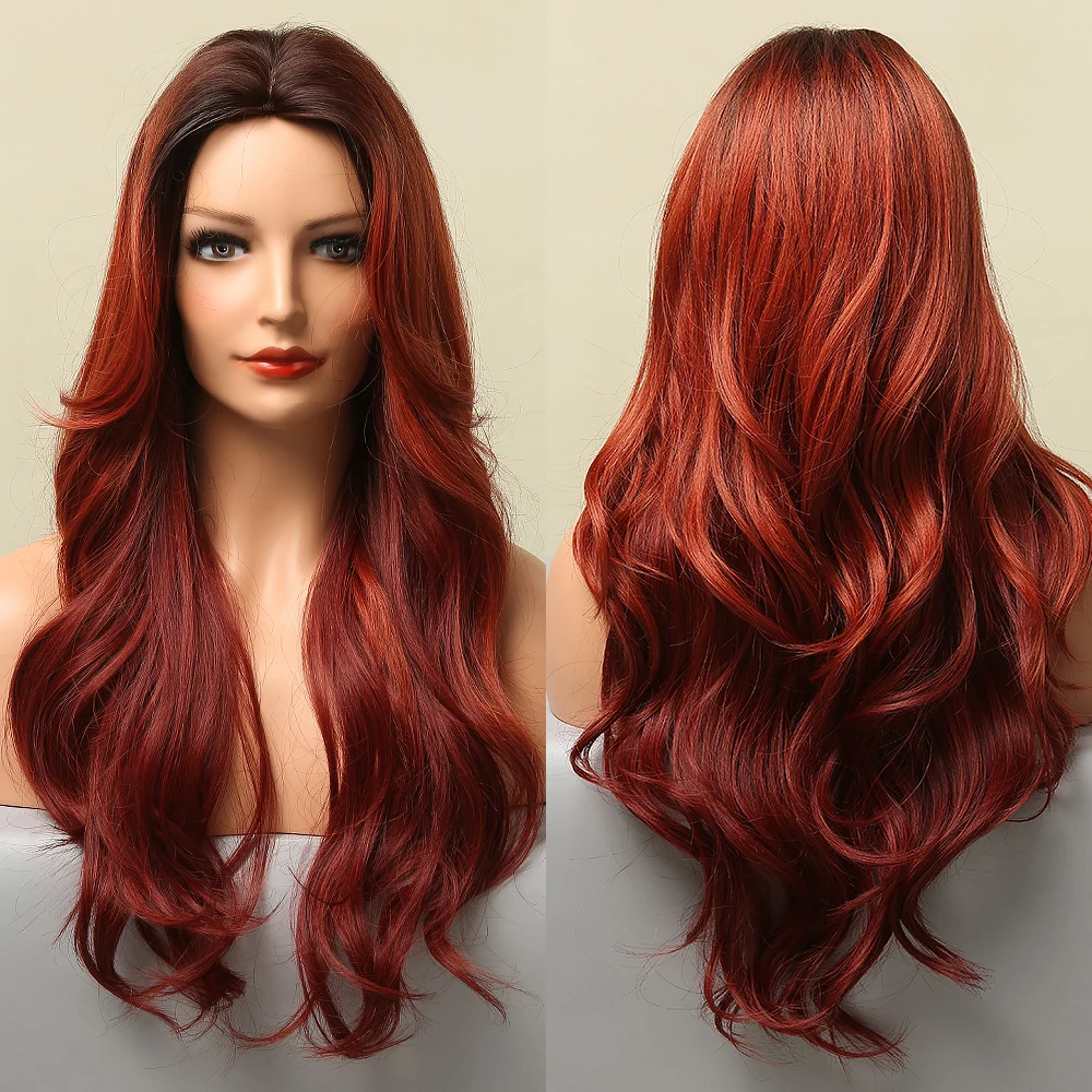 GEMMA Long Wavy Ombre Brown Purple Synthetic Wigs for Women Heat Resistant Natural Middle Part Cosplay Party Lolita Hair Wigs