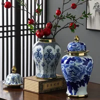 Blue and White Porcelain General Jar Chinese Vintage Craft Ginger Flower Vase Storage with Lid Home Decoration 2
