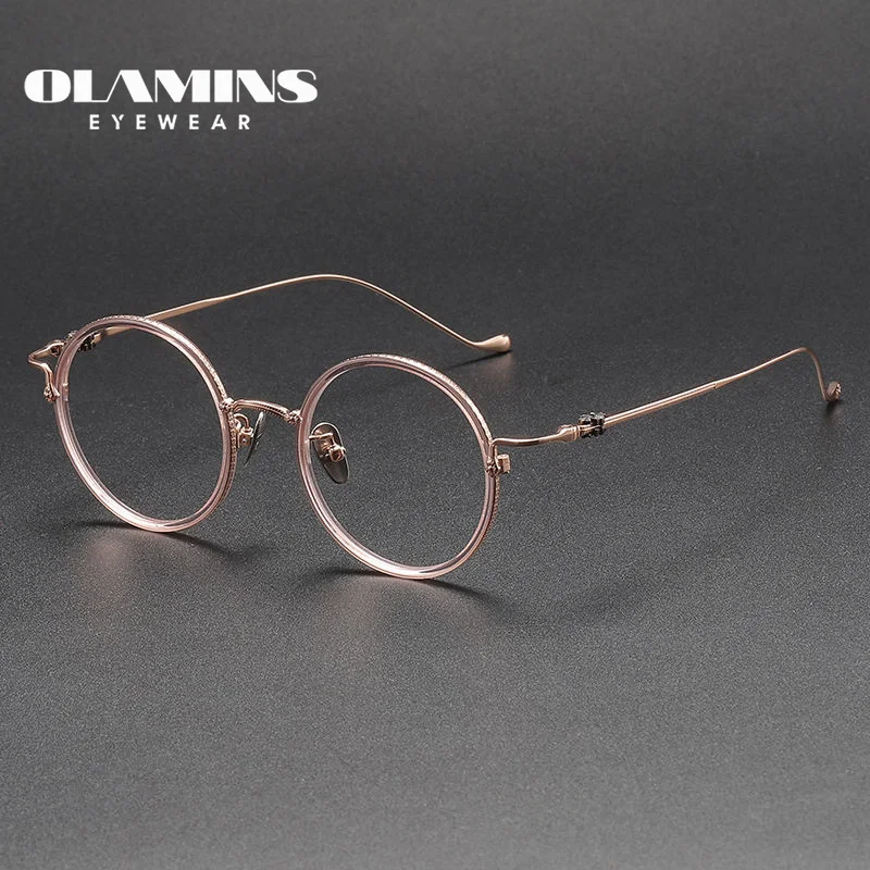 

OLAMINS​ Japanese Hand-Polished Titanium Mixed Retro Eyeglasses Frame Irregular Round Glasses Eyewear Myopia