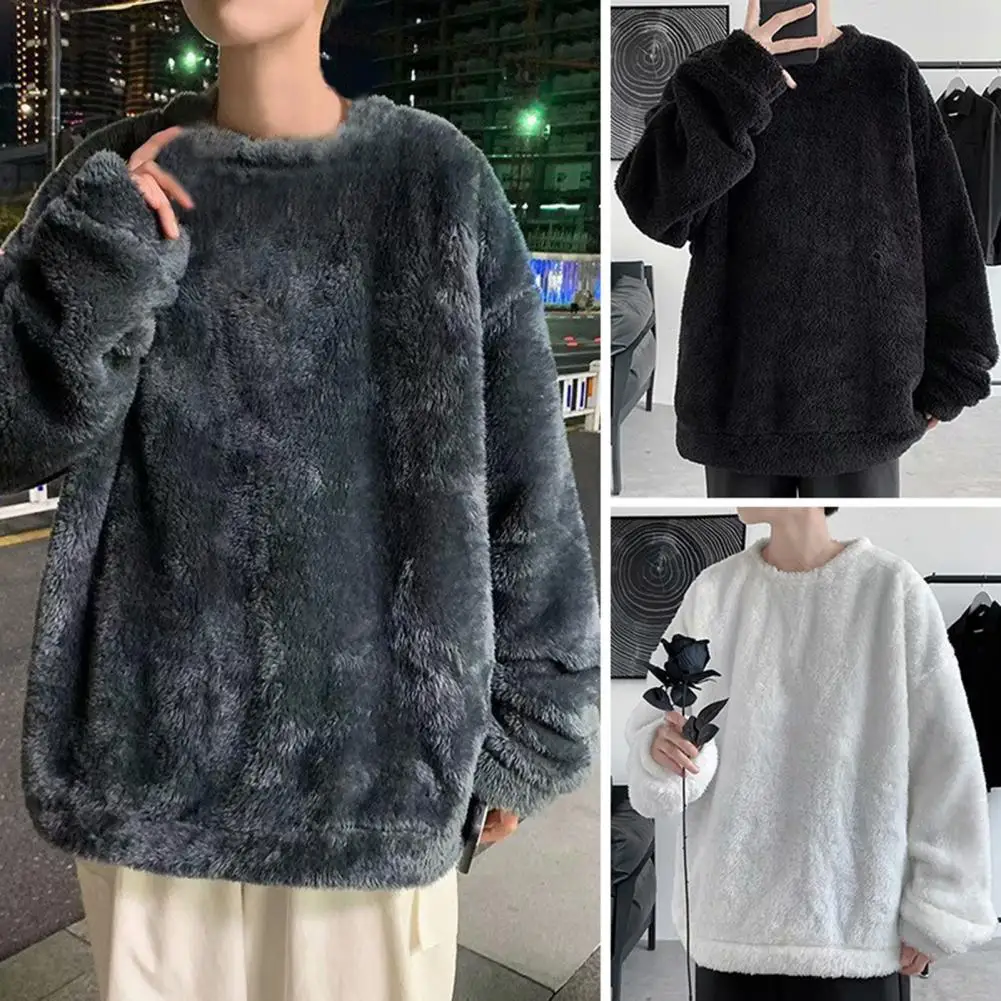 

Men Sweatshirt Keep Warm Solid Color Long Sleeves Loose Pullover Plush Thick Soft Comfortable Men Winter Tops for Outdoor