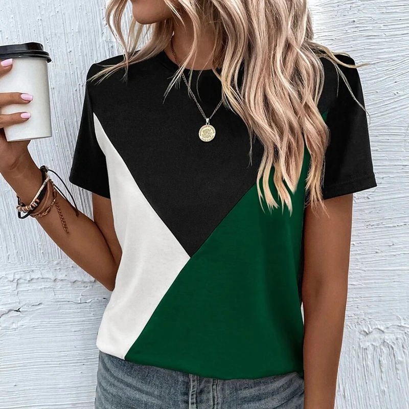 

Fashion New Splice Contrast Short Sleeve Women T-shirt Causal Loose Summer Basic O-Neck Slim Print Tops Female T-Shirt Clothes