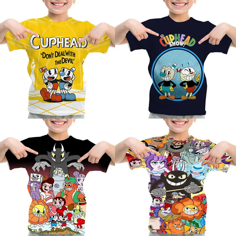 Ragazze Ragazzi Cuphead Stampa T Shirt Estate Manica Corta Tshirt Bambini Cartoon Cuphead Tee Top Anime T-Shirt Camisetas Bambini Tees