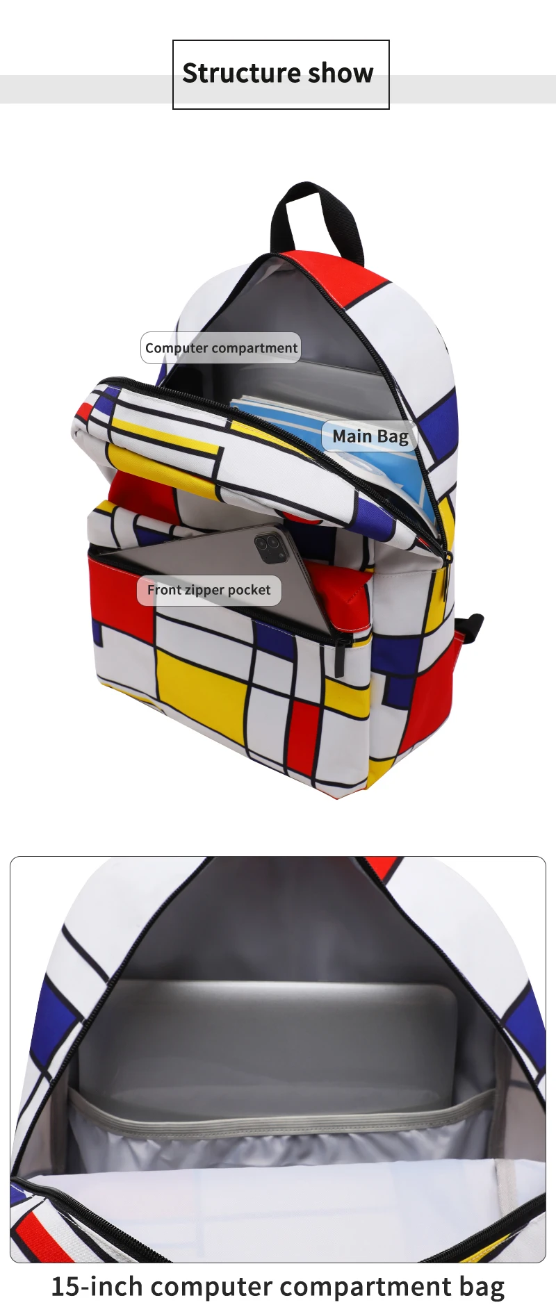 TINYAT 14 Inch Gaming Backpack, Shockproof Laptop Compartment School Bag, 3D Color Block Design Travel Backpack for Gym,Cycling – Detail 4