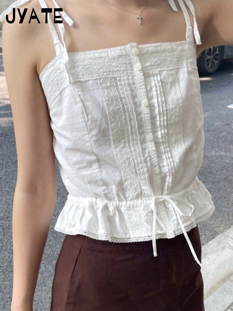 

Женский облегающий жилет на пуговицах, белый Повседневный хлопковый укороченный топ без рукавов с кружевной завязкой на подоле, Милый Винтажный Топ, Y2K