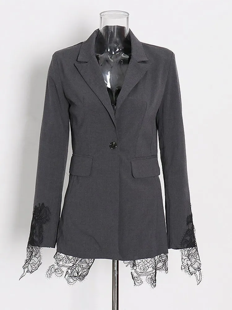 KBQ Spliced Lace Solid Elegant Blazer For Women Notched Collar Long Sleeve Patchwork Button Tunic Chic Blazers Female Clothing