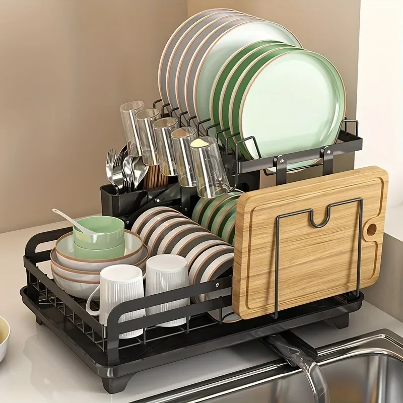 

2 Tier Dish Bowl Drainer Storage Rack Kitchen Dish Drying Rack with Drain Basket Countertop Dinnerware Organizer Drainboard