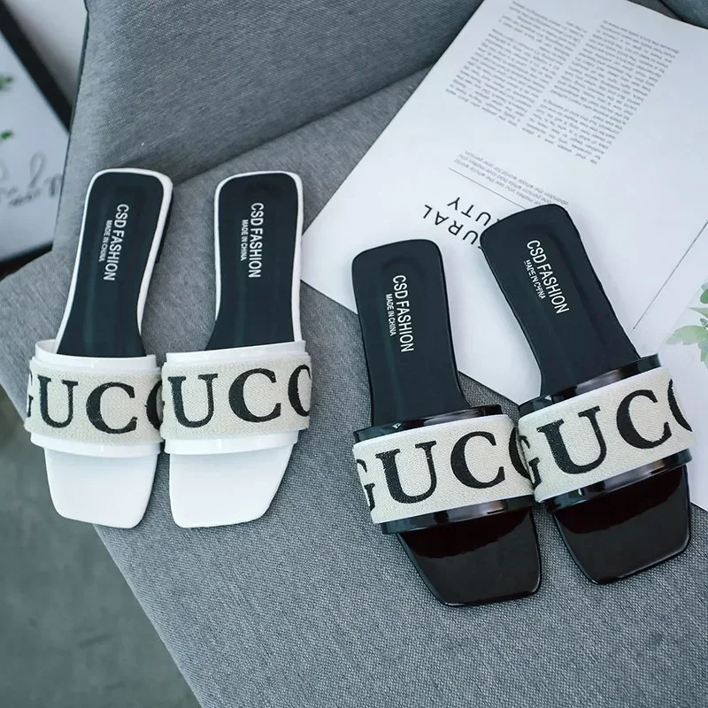 Summer Fashion Women Slides Black White Designer Brand Woman Flat Heels Open Toes Slippers House Flip Flop Causal Sandals