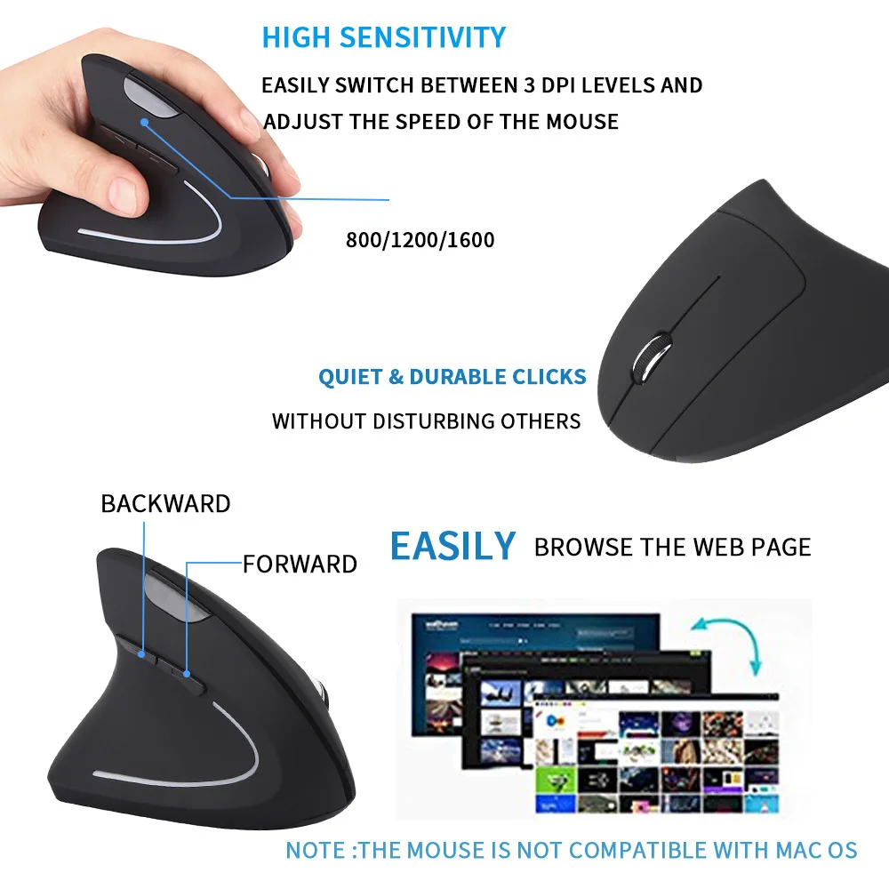 Wireless Ergonomic Mouse 2.4G 800/1200/1600 DPI 5 Buttons for Laptop Desktop PC Macbook