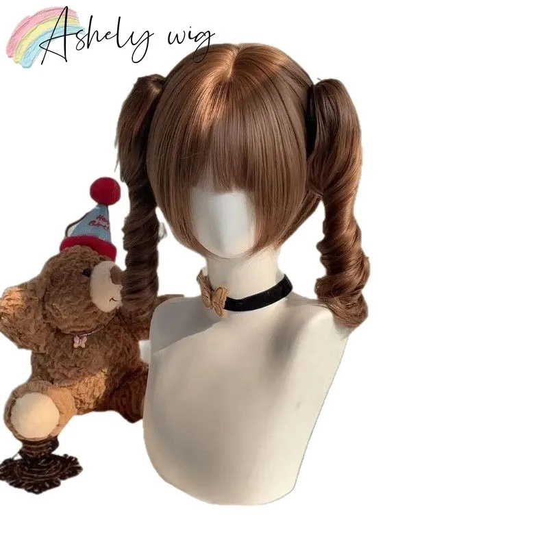 Two-piece Double Ponytail Wig Mischievous Girl's Cute Roman Curly Short Hair Lolita's Sweet and Natural Daily Synthetic Wigs