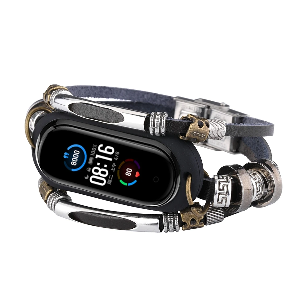 Elegant Metal and Leather Smart Bracelet Strap Replacement Wristband