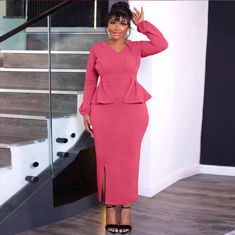 

Женское Деловое платье с баской, элегантное облегающее платье с длинными рукавами и оборками, офисное длинное платье, халаты