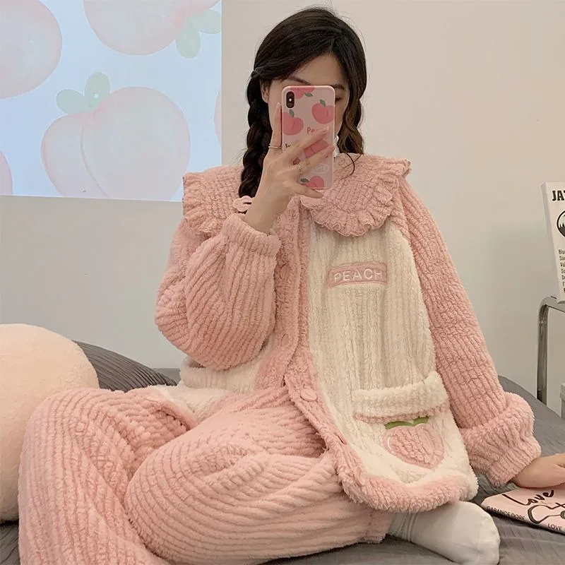 Female Coral Velvet Pajamas Winter Thickened Fleece-lined Long Sleeves Trousers Nightclothes Suit Women Flannel Warm Loungewear