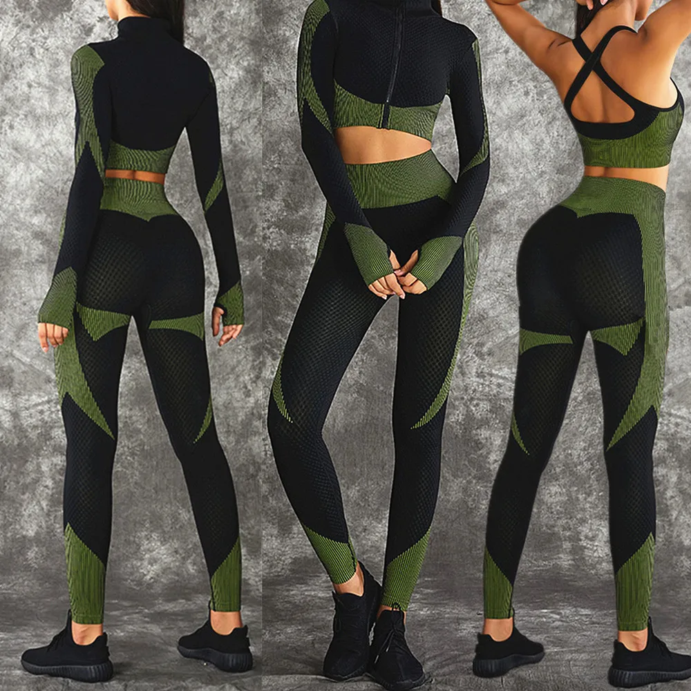 Warm Seamless Zipper Fitness Long Sleeve Tops Yoga Set Women Sports Pants Gym Active Suits 1PCS yoga set sports set sportswear set fitness set