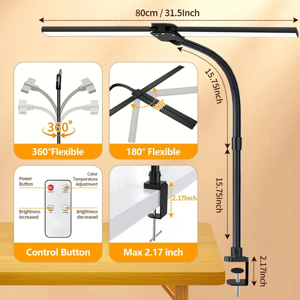 Desk Lamp 24W Double Head LED Eye-Caring Reading Light Remote Control 5 Color Temperature Settings 10 Level