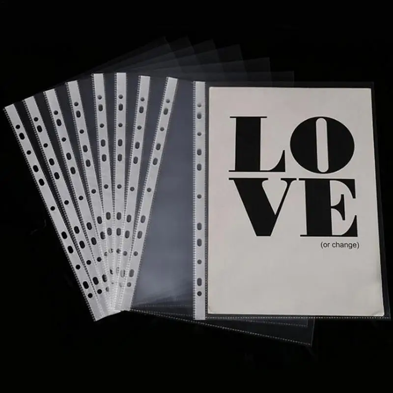 100pcs Ultra Thin A4 Plastic 11 Holes Loose Leaf Transparent Sheet Documents Protectors