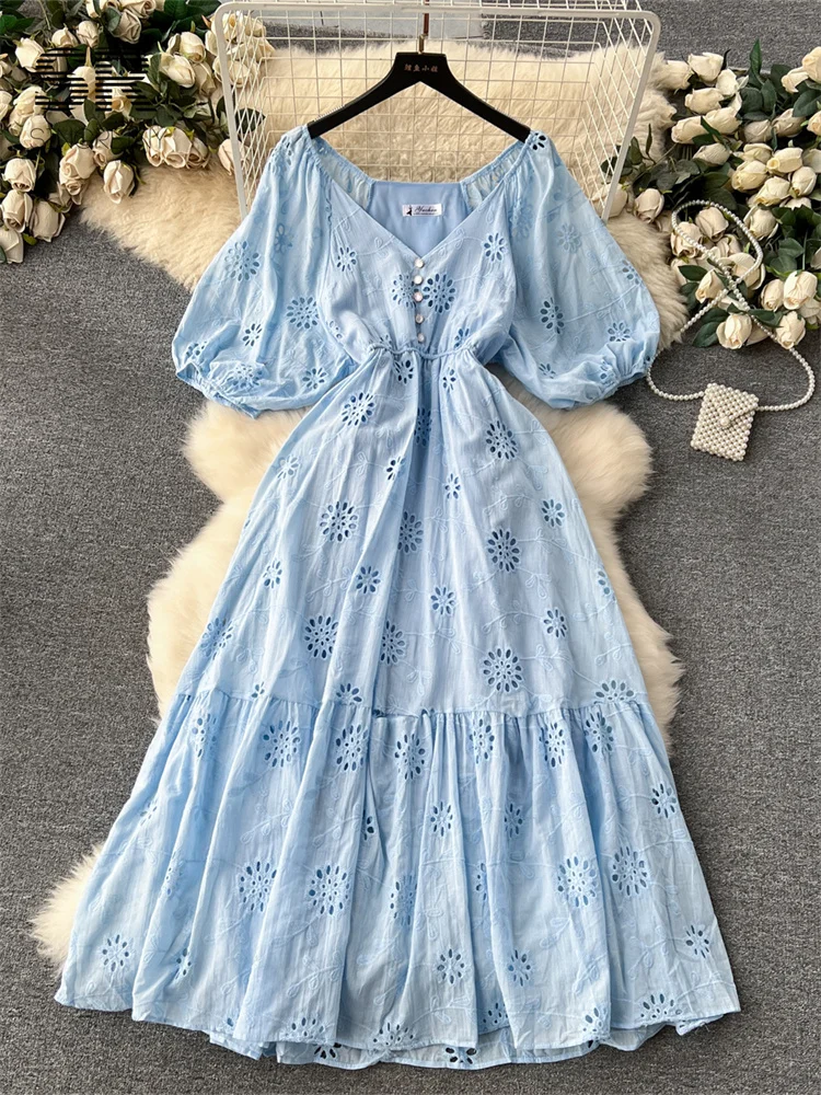 SINGREINY Embroidery Summer Long Dress Women Elegant V