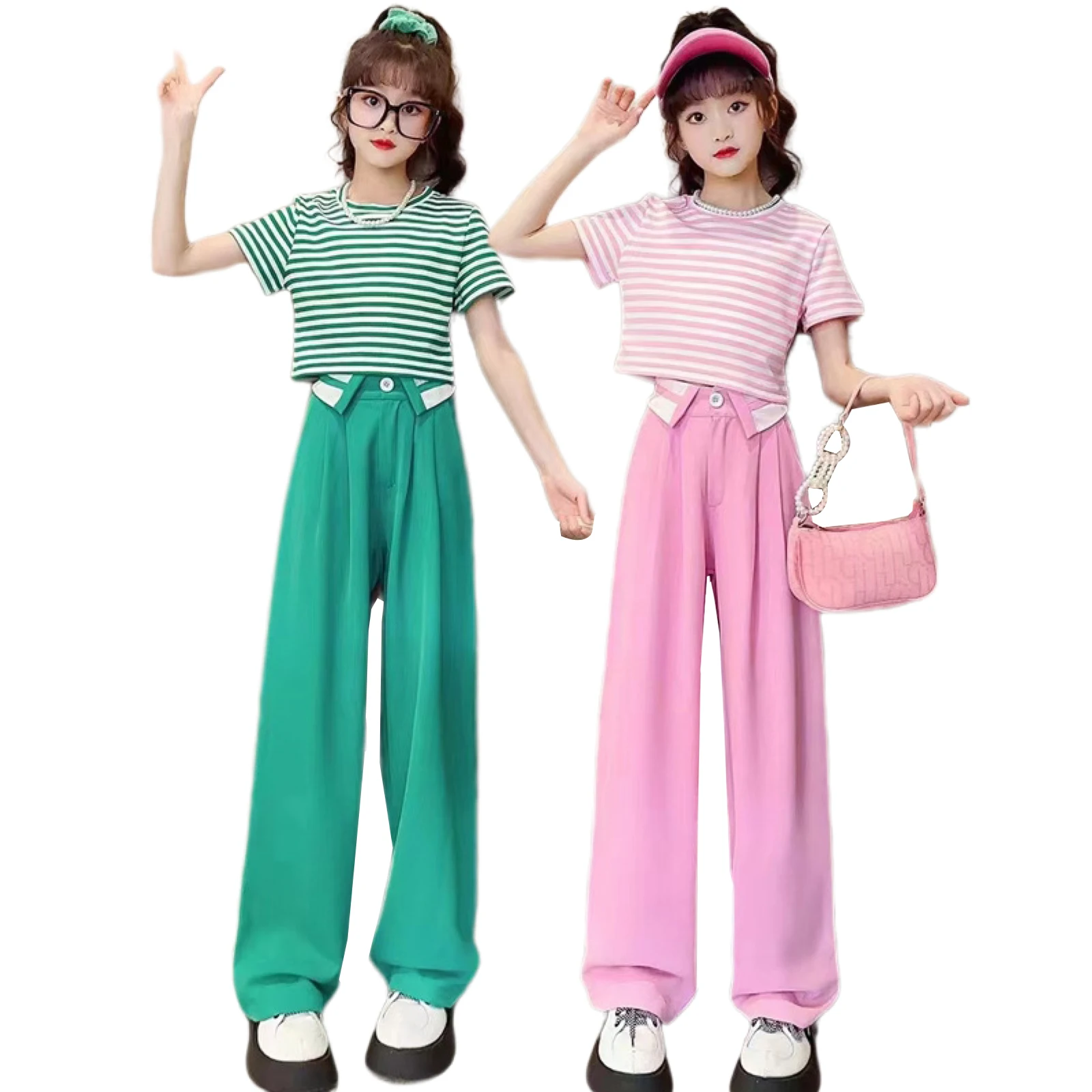 

Girls Summer Set Teen Casual Top+Long Tube Pants Children Striped Personalized Fashion Outfit 6 8 10 12 14 16 Year