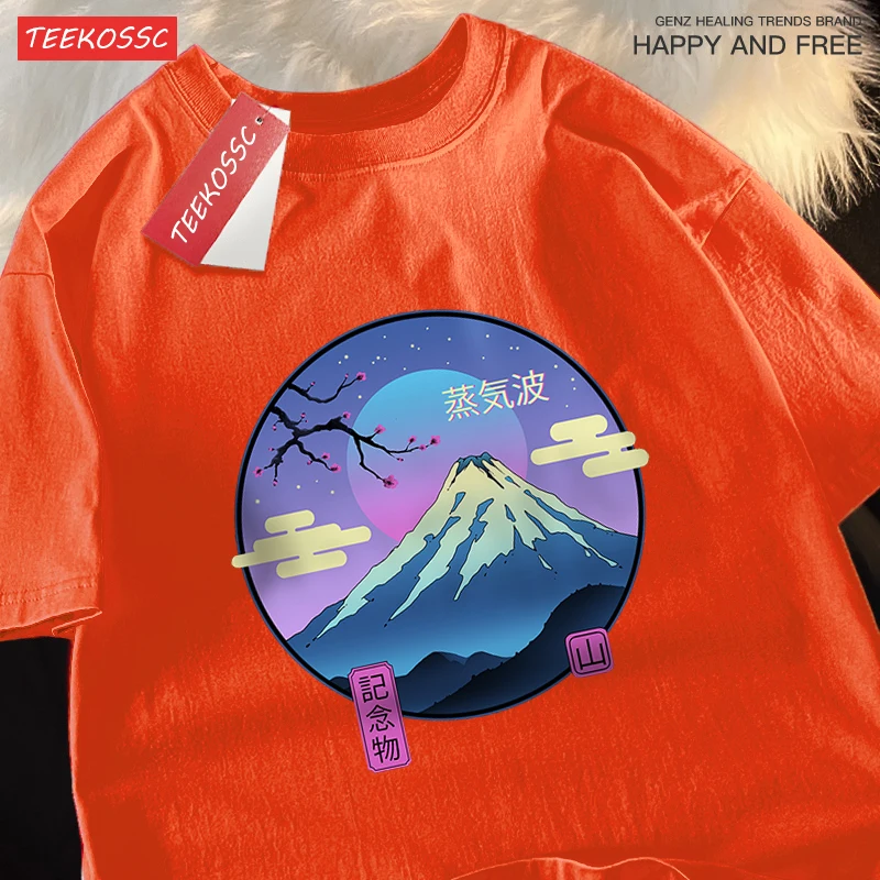 Japanese Harajuku Sakura Mount Fuji Male T-Shirt Loose Tee Clothes Summer Hip Hop Cotton Tshirt Casual Crewneck Oversized Tops