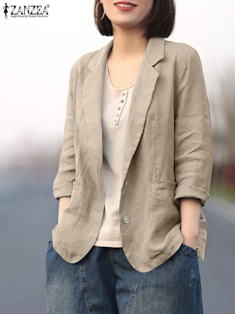 

Autumn Laple Neck Long Sleeve Solid OL Blazer Suits ZANZEA Women Elegant Cotton Jackets Loose Vintage Work Coats Casual Outwear