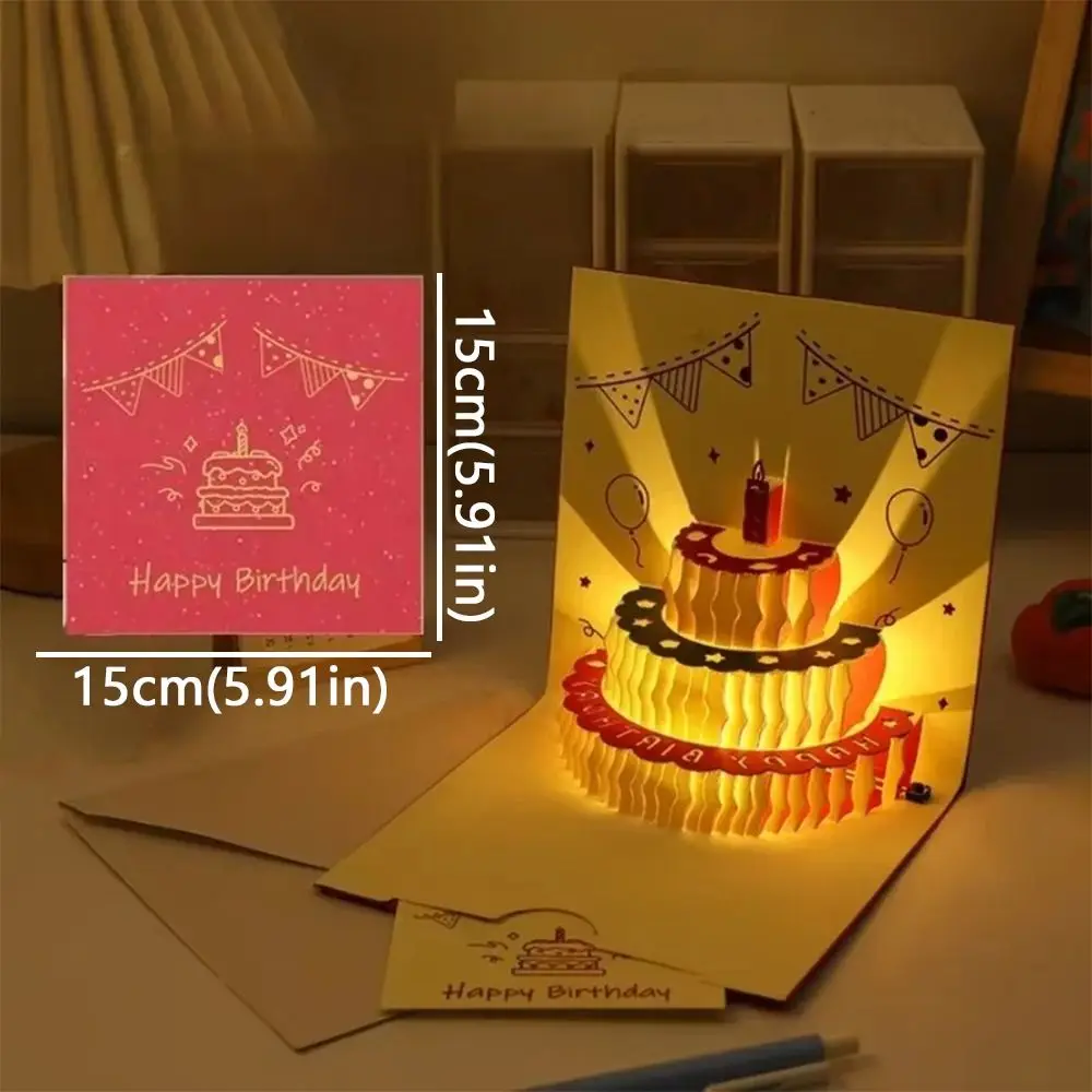 Hollow Carving 3D Cake Birthday Card Folding Unique Pop-Up Greeting Card with Envelope Funny LED Light Pop-Up Card