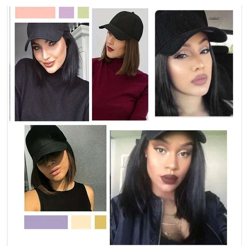 H&STAR Synthetic 10Inch Short Bobo Hat Wig Black Baseball Cap Hair Extension Heat-Resistant Hairpiece for Women