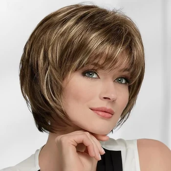 Parrucca bionda per capelli lisci a strati corti con capelli sintetici con frangia per donne bianche Lino leggero resistente al calore Cosplay per feste quotidiane