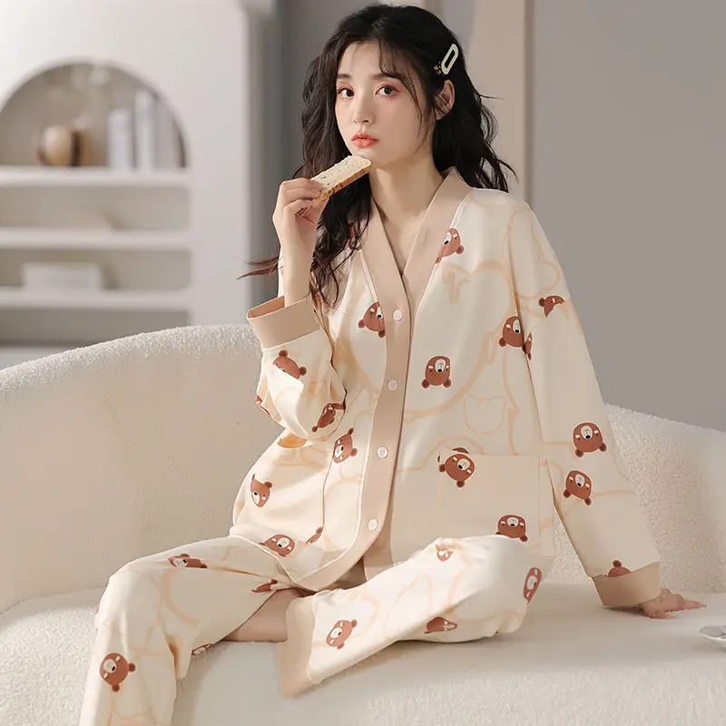 Print Sleepwear Women Pajama Sets Long Sleeve Long Pants Homewear Sets Luxury Brand Clothes Korean Chic Spring Autumn Pajamas