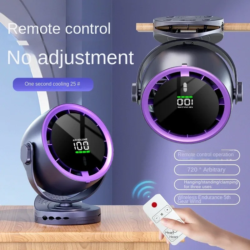 พัดลมตั้งโต๊ะจอแสดงผลดิจิตอลขนาดเล็ก รีโมทคอนโทรล 720 ° พัดลมไฟฟ้าแบบชาร์จไฟได้แบบหมุนได้ ชนิด Type-C แบบพกพา แขวนผนังได้ พร้อมคลิปหนีบ 1